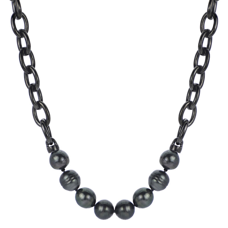 8-9mm Baroque Black Tahitian Pearls Black Rhodium Oval LInk 20" Necklace image number null